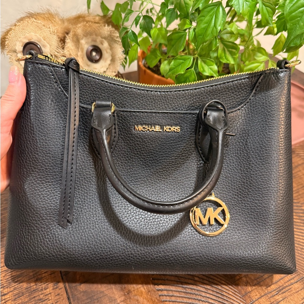 Michael Kors Black Pebbled Leather Satchel with Gold Hardware